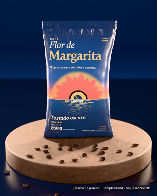 La bolsa con granos de café sobre el disco. Visualización 3D