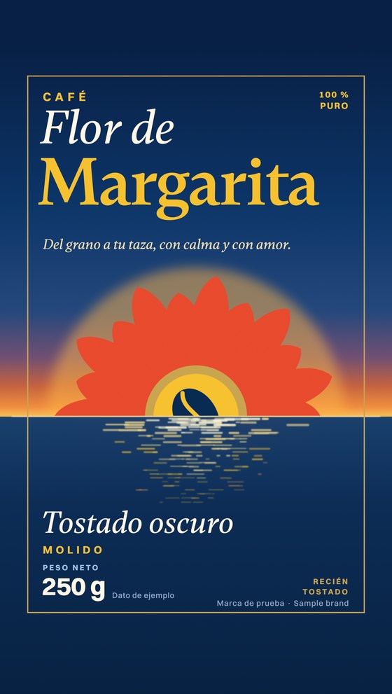 Frente de la bolsa en arte plano: Café Flor de Margarita, la margarita que sale del mar como un sol y Tostado oscuro
